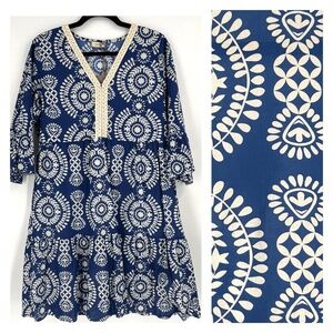 New! Saiph Lab Tiered Bell Sleeve Santorini Mini Dress White Blue 45369